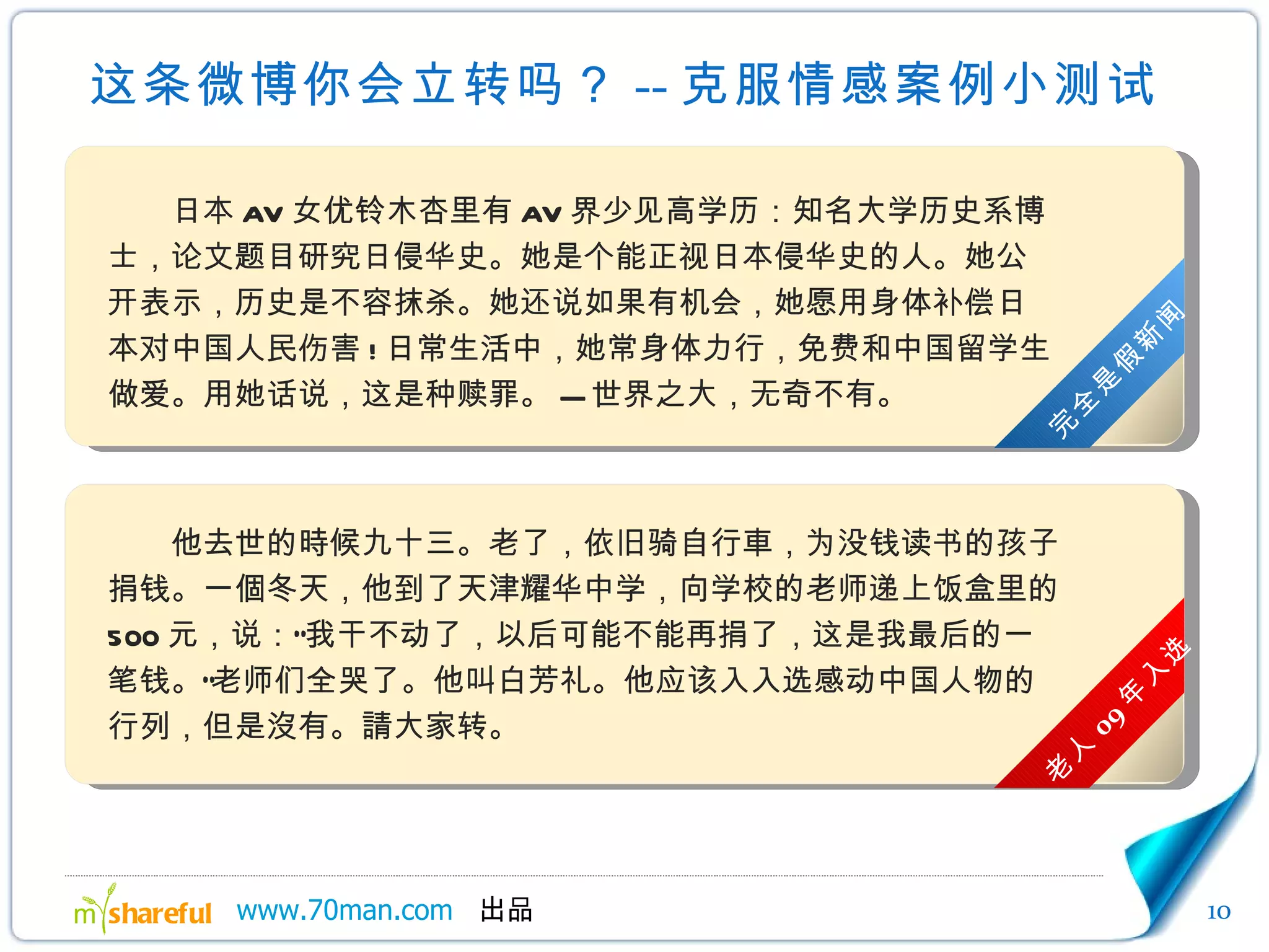 这条微博你会立转吗？ -- 克服情感案例小测试 　　日本 AV 女优铃木杏里有 AV 界少见高学历：知名大学历史系博士，论文题目研究日侵华史。她是个能正视日本侵华史的人。她公开表示，历史是不容抹杀。她还说如果有机会，她愿用身体补偿日本对中国人民伤害 ! 日常生活中，她常身体力行，免费和中国留学生做爱。用她话说，这是种赎罪。 --- 世界之大，无奇不有。  完全是假新闻 　　 他去世的時候九十三。老了，依 旧骑 自行車， 为没钱读书 的孩子捐 钱 。一個冬天，他到了天津耀华中学，向学校的老师递上饭盒里的 500 元，说：“我干不动了，以后可能不能再捐了，这是我最后的一笔钱。”老师们全哭了。他叫白芳 礼 。他 应该 入 入选感动中国 人物的行列，但是沒有。請大家 转 。 老人 09 年入选 