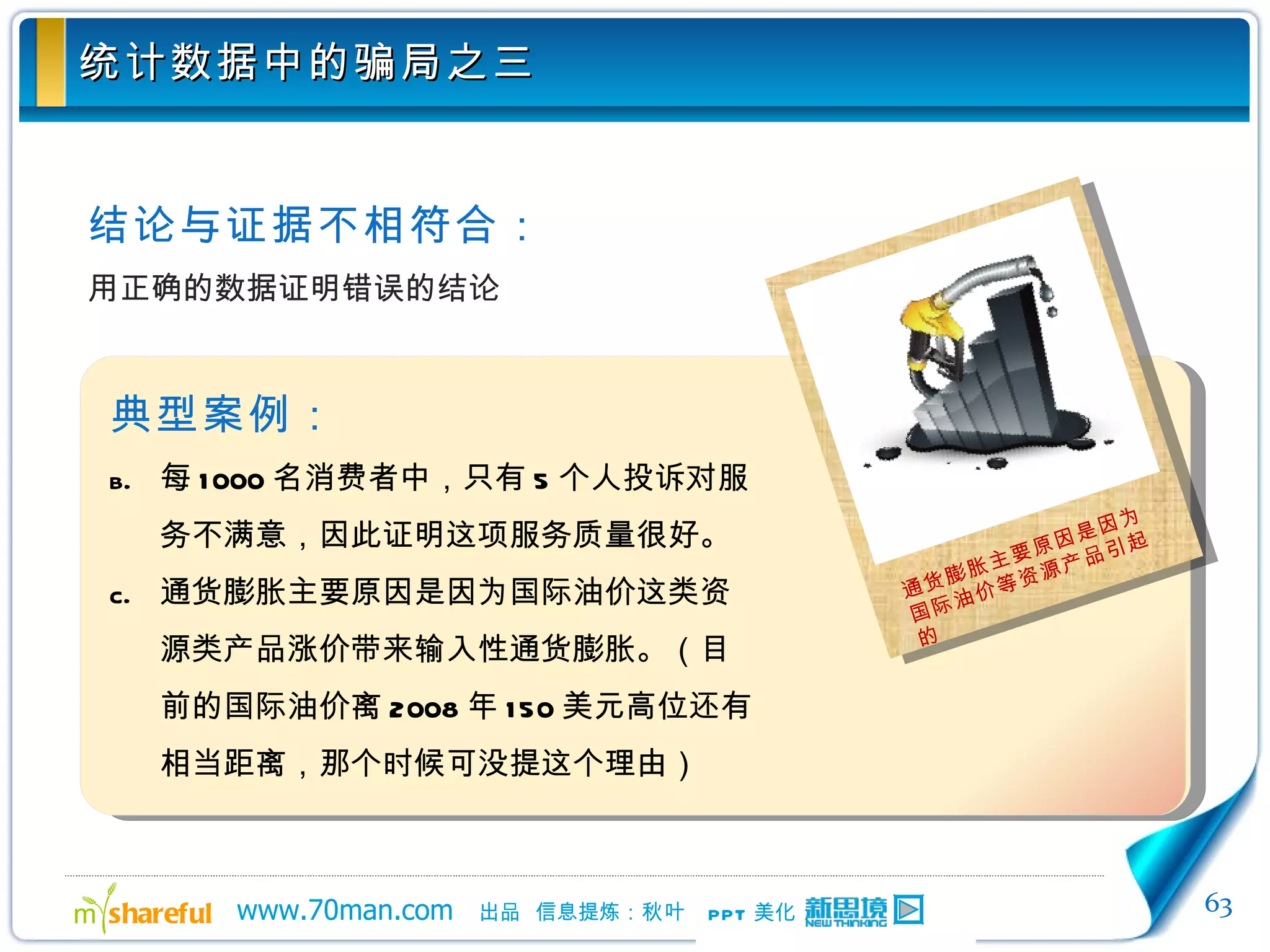 统计数据中的骗局之三 结论与证据不相符合： 用正确的数据证明错误的结论 典型案例： 每 1000 名消费者中，只有 5 个人投诉对服务不满意，因此证明这项服务质量很好。 通货膨胀主要原因是因为国际油价这类资源类产品涨价带来输入性通货膨胀。（目前的国际油价离 2008 年 150 美元高位还有相当距离，那个时候可没提这个理由） 通货膨胀主要原因是因为国际油价等资源产品引起的 