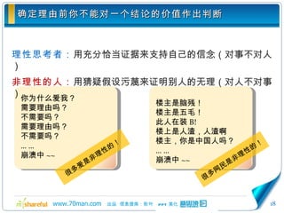 确定理由前你不能对一个结论的价值作出判断 很多网民是非理性的！ 很多爱是非理性的！ 理性思考者： 用充分恰当证据来支持自己的信念（对事不对人） 非理性的人： 用猜疑假设污蔑来证明别人的无理（对人不对事） 你为什么爱我？ 需要理由吗？ 不需要吗？ 需要理由吗？ 不需要吗？ … … 崩溃中 ~~ 楼主是脑残！ 楼主是五毛！ 此人在装 B! 楼上是人渣，人渣啊 楼主，你是中国人吗？ … … 崩溃中 ~~ 
