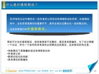 什么是价值观假设？ 在 所有的论证中都存在一些作者所认同却没有清晰陈述的思想，在推理结构中，这些思想是隐形的重要环节，是将全部论证整合在一起的黏合剂。这些思想我们叫 价值观假设 。 假如不补充价值观假设，很多推理是不完整的，甚至具有欺骗性，为了充分理解一个论证，作为一个批判性思考者你必须确定这些假设，这些假设的特点是： 多数情况下是隐藏的或没有清楚表达的 作者承认的 影响对结论的判断 具有潜在 的欺骗性 