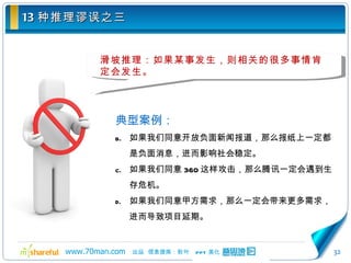 13 种推理谬误之三 滑坡推理：如果某事发生，则相关的很多事情肯定会发生。 典型案例： 如果我们同意开放负面新闻报道，那么报纸上一定都是负面消息，进而影响社会稳定。 如果我们同意 360 这样攻击，那么腾讯一定会遇到生存危机。 如果我们同意甲方需求，那么一定会带来更多需求，进而导致项目延期。 