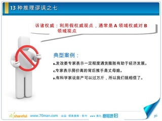 13 种推理谬误之七 诉诸权威：利用假权威观点，通常是 A 领域权威对 B 领域观点 典型案例： 发改委专家表示一定程度通货膨胀有助于经济发展。 专家表示房价高的背后推手是丈母娘。 有科学家说亩产可以过万斤，所以我们就相信了。 