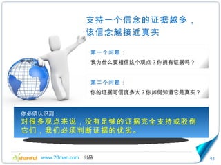 支持一个信念的证据越多， 该信念越接近真实 你必须认识到： 对很多观点来说，没有足够的证据完全支持或驳倒它们，我们必须判断证据的优劣。 第二个问题： 你的证据可信度多大？你如何知道它是真实？ 第一个问题： 我为什么要相信这个观点？你拥有证据吗？ 