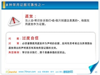 8 种常用证据可靠性之一 直觉： 当人说“常识告诉我们”或“我只知道这是真的”，他就在用直觉作为证据。 问　　题： 过度自信 对　　策： 必须谨慎使用直觉作为声明的依据，批判性思考者应当弄清楚由直觉得出的声明是否有其他类型证据的支持。 典型案例： 常识告诉我们，房子是最保值的投资品。 