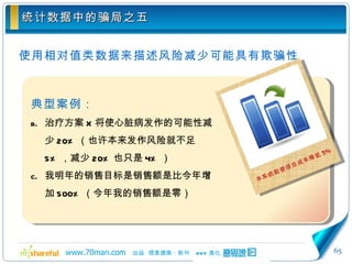统计数据中的骗局之五 使用相对值类数据来描述风险减少可能具有欺骗性 典型案例： 治疗方案 X 将使心脏病发作的可能性减少 20% （也许本来发作风险就不足 5% ，减少 20% 也只是 4% ） 我明年的销售目标是销售额是比今年增加 500% （今年我的销售额是零） 本系统能使项目成本降低 5% 