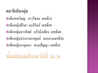 สมาชิกในกลุม
           ่
เด็กชายวิษณุ  กาวไธสง เลขที่18
เด็กหญิงศิริมา มะลิรัมย์ เลขที่39
เด็กหญิงธารทิพย์ แก้วมิ่งเมือง เลขที่40
เด็กหญิงประกายกาญจน์ ดงกลางเลขที่38
เด็กหญิงกาญจนา พรมปั ญญา เลขที่36
 
