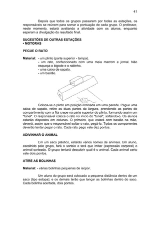 41
Depois que todos os grupos passarem por todas as estações, os
responsáveis se reúnem para somar a pontuação de cada grupo. O professor,
neste momento, estará avaliando a atividade com os alunos, enquanto
esperam a divulgação do resultado final.
SUGESTÕES DE OUTRAS ESTAÇÕES
• MOTORAS
PEGUE O RATO
Material: - um plinto (parte superior - tampa).
- um rato, confeccionado com uma meia marrom e jornal. Não
esqueça o bigode e o rabinho.
- uma caixa de sapato.
- um bastão.
Coloca-se o plinto em posição inclinada em uma parede. Pegue uma
caixa de sapato, retire as duas partes da largura, prendendo as partes do
compartimento com a fita crepe na parte superior do plinto, formando assim um
"túnel". O responsável coloca o rato no início do "túnel", soltando-o. Os alunos
estarão dispostos em colunas. O primeiro, que estará com bastão na mão,
deverá, assim que o responsável soltar o rato, pegá-lo. Todos os componentes
deverão tentar pegar o rato. Cada rato pego vale dez pontos.
ADIVINHAR O ANIMAL
Em um saco plástico, estarão vários nomes de animais. Um aluno,
escolhido pelo grupo, fará o sorteio e terá que imitar (expressão corporal) o
animal sorteado. O grupo tentará descobrir qual é o animal. Cada animal certo
vale dois pontos.
ATIRE AS BOLINHAS
Material: - várias bolinhas pequenas de isopor.
Um aluno do grupo será colocado a pequena distância dentro de um
saco (tipo estopa); e os demais terão que lançar as bolinhas dentro do saco.
Cada bolinha acertada, dois pontos.
 