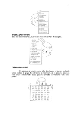 44
ORDENAÇÃOCORRETA
(Esta é a resposta correta, que deverá ficar com o chefe da estação).
FORMAR PALAVRAS
O responsável mostra uma folha (conforme a figura), contendo
várias sílabas. O grupo deverá formar o maior número de palavras possível,
num tempo determinado. Cada palavra formada corretamente vale cinco
pontos.
 