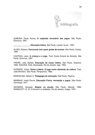 59
BIBLIOGRAFIA
ALMEIDA, Paulo Nunes. A explosão recreativa dos jogos. São Paulo,
Estrutura, 1997.
_______________. Educação lúdica. São Paulo, Loyola, 5a ed., 1987.
ALVES, Rubens. Conversas com quem gosta de ensinar. São Paulo, Cortez,
1990.
CHATEAU, Jean. A criança e o jogo. Trad. Guida Amaral de Almeida. São
Paulo, Summus, 1987.
FREIRE, João Batista. Educação de corpo inteiro. São Paulo, Scipione,
1984. GOUVEA, Ruth. Recreação. Rio de Janeiro, Agir, 1984.
HUIZINGA, Johan. Homo Ludens. O jogo como elemento da cultura. Trad.
João Monteiro. São Paulo, Perspectiva, 1980.
MARCELINO, Nelson C. Pedagogia da animação. São Paulo, Papirus.
MARINHO, Inezil Penna. Educação Física, recreação e jogos. São Paulo,
CIA Brasil, 1971.
SNYDERS, Georges. Alegria na escola. São Paulo, Manole, 1988.
WINNICOTT, D. W. O brincar e a realidade. Rio de Janeiro, Imago, 1975.
 