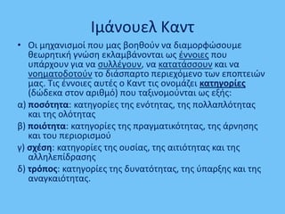 Ιμάνουελ Καντ
• Οι μθχανιςμοί που μασ βοθκοφν να διαμορφϊςουμε
κεωρθτικι γνϊςθ εκλαμβάνονται ωσ ζννοιεσ που
υπάρχουν για να ςυλλζγουν, να κατατάςςουν και να
νοθματοδοτοφν το διάςπαρτο περιεχόμενο των εποπτειϊν
μασ. Σισ ζννοιεσ αυτζσ ο Καντ τισ ονομάηει κατθγορίεσ
(δϊδεκα ςτον αρικμό) που ταξινομοφνται ωσ εξισ:
α) ποςότθτα: κατθγορίεσ τθσ ενότθτασ, τθσ πολλαπλότθτασ
και τθσ ολότθτασ
β) ποιότθτα: κατθγορίεσ τθσ πραγματικότθτασ, τθσ άρνθςθσ
και του περιοριςμοφ
γ) ςχζςθ: κατθγορίεσ τθσ ουςίασ, τθσ αιτιότθτασ και τθσ
αλλθλεπίδραςθσ
δ) τρόποσ: κατθγορίεσ τθσ δυνατότθτασ, τθσ φπαρξθσ και τθσ
αναγκαιότθτασ.
 