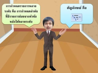 การกาหนดรายการหลาย
ระดับ คือ การกาหนดลาดับ
ที่มีรายการย่อยจากหัวข้อ
หลักได้หลายระดับ
สัญลักษณ์ คือ
 