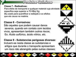 Classe 7 - Radioativas: 
Para efeito de transporte e qualquer material cuja atividade 
especifica seja superior a 70 KBq/ Kg; 
Bq usado para quantificar a radiação e os efeitos 
que ela causa na matéria. 
Classe 8 - Corrosivos: 
São aqueles que podem causar danos 
severos, quando em contato com tecidos 
vivos, apresentam também outros riscos; 
Ex: Ácido sulfúrico, ácido nítrico, etc. 
Classe 9 - Substancias perigosas diversas: 
Incluem-se nesta classe as substancias e 
artigos que durante o transporte apresentam 
um risco não abrangido pelas outras classes; 
CORROSIVO 
SUBSTÂNSCÓIASL IPDEROIGOSAS 
9 
 