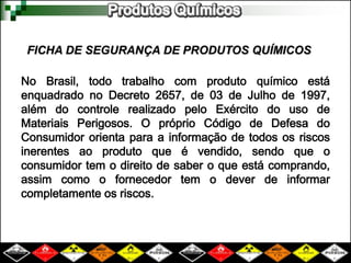 FICHA DE SEGURANÇA DE PRODUTOS QUÍMICOS 
No Brasil, todo trabalho com produto químico está 
enquadrado no Decreto 2657, de 03 de Julho de 1997, 
além do controle realizado pelo Exército do uso de 
Materiais Perigosos. O próprio Código de Defesa do 
Consumidor orienta para a informação de todos os riscos 
inerentes ao produto que é vendido, sendo que o 
consumidor tem o direito de saber o que está comprando, 
assim como o fornecedor tem o dever de informar 
completamente os riscos. 
 