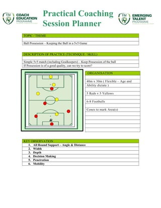 TOPIC / THEME
Ball Possession – Keeping the Ball in a 5v5 Game
DESCRIPTION OF PRACTICE (TECHNIQUE / SKILL)
Simple 5v5 match (including Goalkeepers) – Keep Possession of the ball
If Possession is of a good quality, can we try to score?
ORGANISATION
40m x 30m ( Flexible – Age and
Ability dictate )
5 Reds v 5 Yellows
6-8 Footballs
Cones to mark Area(s)
KEY OBSERVATION
1. All Round Support – Angle & Distance
2. Width
3. Depth
4. Decision Making
5. Penetration
6. Mobility
Practical Coaching
Session Planner
 