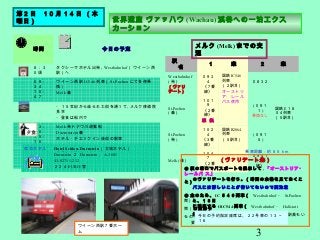 3
第２日 １０月１４日 （木
曜日）
　
　
　
　
時間 　　　　　 今日の予定
８：３
０頃
タクシーでホテル出発､ Westbahnhof （ウイーン西
駅）へ
　　
　　
０９：
３４
１０：
４７
ウイーン西駅 IC546 列車（ St.Poelten にて各停乗
換）
Melk 着
・１５世紀から造られた街を通って､メルク修道院
見学
・昼食は船内で
　　
　　
１３：
５０
１５：
１０
Melk 発ドナウ川遊覧船
Duerunstein 着
ホテル・チエックイン後街の散策
　　
　　
夕食はホテル レストラン
宿泊ホテル Hotel Schloss Durnstein （古城ホテル）
Durnstein ２ Durnstein ， A-3601
43-02711-212
２２４ EURO/ 室
駅
名
１ 案 ２ 案
Westbahnhof
( 発）
（ヴァリ
デート）
０９３
４
《７番
線》
国鉄 IC546
列車
（２駅目）
オーストリ
ア・レール
パス使用
０８３２
国鉄 E １８
０４列車
（５駅目）
St.Poelten
( 着）
１０１
９
《２番
線》
乗 換
( ０９１
１ )
乗換なし
St.Poelten
( 発 )
１０２
４
《３番
線》
国鉄 R2064
列車
（５駅目）
( ０９１
５ )
Melk ( 着）
１０４
７
《２番
線》
０９４１
《２番
線》
メルク (Melk) までの交
通
世界遺産 ヴァッハウ (Wachau) 渓谷への一泊エクス
カーション
（ヴァリデート他）
① 駅の窓口でパスポートを提示して , 「オーストリア･
レールパ ス｣
のヴァリデートを行う。（時間の余裕を見ておくこ
と）
パスには詳しいことが書いてないので要注意
② 念のため、 IC ５４６列車（ Westbahnhof ・ St.Poelten
間）と、１８日
に乗車する OIC544 列車（ Westbahnhof ・ Hallstatt
間）の座席予
約を行う。（１等は予約料無料だが、知らない駅員もい
るので
要注意）
乗車距離：約８５ｋｍ
ウイーン西駅７番ホー
ム
今日の予約指定座席は、２２号車の１３～
１６
 