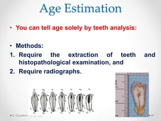 Age Estimation
• You can tell age solely by teeth analysis:
• Methods:
1. Require the extraction of teeth and
histopathological examination, and
2. Require radiographs.
D. Caroline Mohamed 47
 