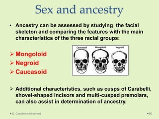 Sex and ancestry
• Ancestry can be assessed by studying the facial
skeleton and comparing the features with the main
characteristics of the three racial groups:
 Mongoloid
 Negroid
 Caucasoid
 Additional characteristics, such as cusps of Carabelli,
shovel-shaped incisors and multi-cusped premolars,
can also assist in determination of ancestry.
D. Caroline Mohamed 80
 