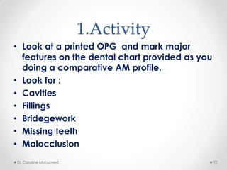 1.Activity
• Look at a printed OPG and mark major
features on the dental chart provided as you
doing a comparative AM profile.
• Look for :
• Cavities
• Fillings
• Bridegework
• Missing teeth
• Malocclusion
D. Caroline Mohamed 92
 