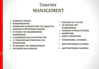Courses
MANAGEMENT
 ΔΗΜΟΣΙΕΣ ΣΧΕΣΕΙΣ
 ΔΙΑΦΗΜΙΖΟΝΤΑΣ
 ΔΙΑΦΗΜΙΣΗ & MARKETING ΣΤΟ ΔΙΑΔΙΚΤΥΟ
 ΔΙΟΙΚΗΣΗ ΣΤΡΑΤΗΓΙΚΩΝ ΣΧΕΣΕΩΝ
 Η ΓΛΩΣΣΑ ΤΗΣ ΡΑΔΙΟΦΩΝΙΚΗΣ
ΔΙΑΦΗΜΙΣΗΣ
 Η ΔΙΑΦΗΜΙΣΗ ΚΑΙ ΤΑ ΜΥΣΤΙΚΑ ΤΗΣ
 Η ΤΙΜΟΛΟΓΙΑΚΗ ΣΤΡΑΤΗΓΙΚΗ ΤΗΣ
ΕΠΙΧΕΙΡΗΣΗΣ
 ΟΙ ΚΑΝΟΝΕΣ ΤΟΥ ΜΑΝΑΤΖΕΜΕΝΤ
 ΟΡΓΑΝΩΣΗ ΚΑΙ ΔΙΟΙΚΗΣΗ
16
 ΠΩΛΗΣΕΙΣ ΣΕ 3 ΛΕΞΕΙΣ
 ΤΑ ΜΥΣΤΙΚΑ ΤΗΣ
ΕΠΙΚΟΙΝΩΝΙΑΣ
 ΤΕΧΝΙΚΕΣ ΕΥΡΕΣΗΣ ΕΡΓΑΣΙΑΣ
 MARKETING
 DIRECT MARKETING
 ΣΤΕΝΟΓΡΑΦΙΑ ΕΛΛΗΝΙΚΗ
 ΔΑΚΤΥΛΟΓΡΑΦΙΑ ΕΛΛΗΝΙΚΗ
 ΔΑΚΤΥΛΟΓΡΑΦΙΑ ΕΛΛΗΝΙΚΗ
 