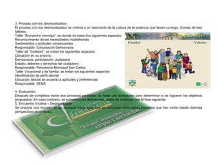 3. Proceso con los desmovilizados
El proceso con los desmovilizados se orienta a un desmonte de la cultura de la violencia que llevan consigo. Consta de tres
talleres:
Taller “Encuentro conmigo”, en donde se tratan los siguientes aspectos:
Reconocimiento de las necesidades insatisfechas
Sentimientos y actitudes consecuentes
Responsable: Corporación Democracia
Taller de “Civilidad”, se tratan los siguientes aspectos:
Ubicación en su entorno
Democracia, participación ciudadana
Estado, deberes y derechos del ciudadano
Responsable: Personería Municipal San Carlos
Taller Vocacional y de familia, se tratan los siguientes aspectos:
Identificación de perfil laboral
Ubicación laboral de acuerdo a aptitudes y preferencias
Responsable: SENA
4. Evaluación:
Después de cumplidos estos dos procesos paralelos, se hace una evaluación para determinar si se lograron los objetivos
propuestos. En caso contrario, se subsanan las deficiencias, antes de continuar con la fase siguiente.
5. Encuentro Víctima – Desmovilizado
Se propicia una reunión, en un contacto inicial para que se conozcan como seres humanos que han vivido desde distintas
perspectivas el conflicto.
 
