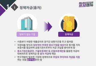 1 1 정책자금(융자)
담보가 없는 기업 정책자금
• 시중보다 저렴한 대출금리로 장기간 상환기간을 두고 빌려줌
• 직접대출 방식과 담보력이 부족한 중소기업을 대상으로 평가를 거쳐
보증서를 발급하여 금융기관으로부터 자금 조달을 용이하게 함
• 중소기업진흥공단, 기술보증재단 등 신용보증재단을 활용한 자금이
대체적으로 정책자금 중 융자 자금에 해당
• 연구개발이 필요한 기업에 정책적으로 무담보 무이자로 자금을 지원
하는 것을 출연자금이라 함
 