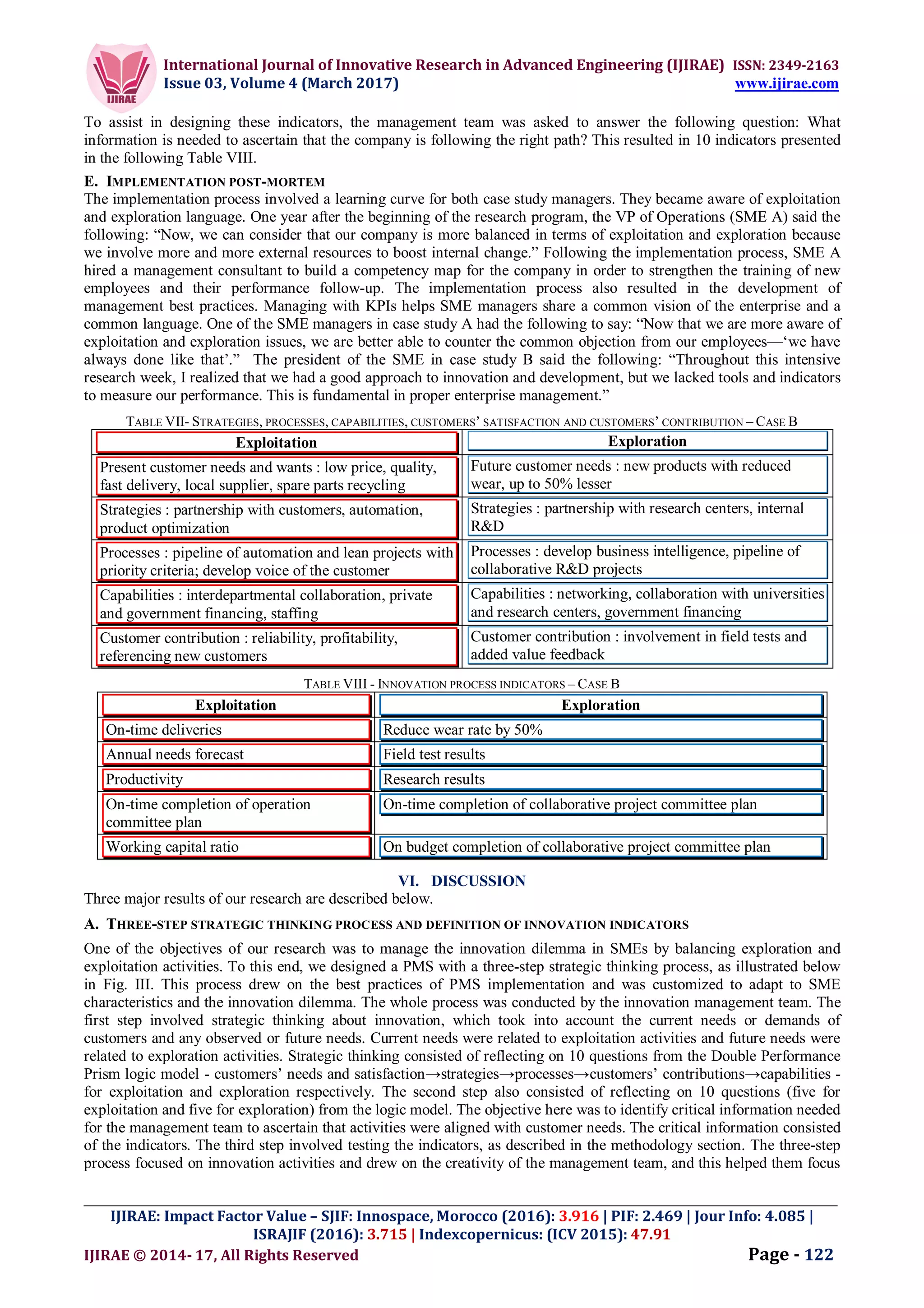 International Journal of Innovative Research in Advanced Engineering (IJIRAE) ISSN: 2349-2163
Issue 03, Volume 4 (March 2017) www.ijirae.com
_________________________________________________________________________________________________
IJIRAE: Impact Factor Value – SJIF: Innospace, Morocco (2016): 3.916 | PIF: 2.469 | Jour Info: 4.085 |
ISRAJIF (2016): 3.715 | Indexcopernicus: (ICV 2015): 47.91
IJIRAE © 2014- 17, All Rights Reserved Page - 122
To assist in designing these indicators, the management team was asked to answer the following question: What
information is needed to ascertain that the company is following the right path? This resulted in 10 indicators presented
in the following Table VIII.
E. IMPLEMENTATION POST-MORTEM
The implementation process involved a learning curve for both case study managers. They became aware of exploitation
and exploration language. One year after the beginning of the research program, the VP of Operations (SME A) said the
following: “Now, we can consider that our company is more balanced in terms of exploitation and exploration because
we involve more and more external resources to boost internal change.” Following the implementation process, SME A
hired a management consultant to build a competency map for the company in order to strengthen the training of new
employees and their performance follow-up. The implementation process also resulted in the development of
management best practices. Managing with KPIs helps SME managers share a common vision of the enterprise and a
common language. One of the SME managers in case study A had the following to say: “Now that we are more aware of
exploitation and exploration issues, we are better able to counter the common objection from our employees—‘we have
always done like that’.” The president of the SME in case study B said the following: “Throughout this intensive
research week, I realized that we had a good approach to innovation and development, but we lacked tools and indicators
to measure our performance. This is fundamental in proper enterprise management.”
TABLE VII- STRATEGIES, PROCESSES, CAPABILITIES, CUSTOMERS’ SATISFACTION AND CUSTOMERS’ CONTRIBUTION – CASE B
Exploitation Exploration
Present customer needs and wants : low price, quality,
fast delivery, local supplier, spare parts recycling
Future customer needs : new products with reduced
wear, up to 50% lesser
Strategies : partnership with customers, automation,
product optimization
Strategies : partnership with research centers, internal
R&D
Processes : pipeline of automation and lean projects with
priority criteria; develop voice of the customer
Processes : develop business intelligence, pipeline of
collaborative R&D projects
Capabilities : interdepartmental collaboration, private
and government financing, staffing
Capabilities : networking, collaboration with universities
and research centers, government financing
Customer contribution : reliability, profitability,
referencing new customers
Customer contribution : involvement in field tests and
added value feedback
TABLE VIII - INNOVATION PROCESS INDICATORS – CASE B
Exploitation Exploration
On-time deliveries Reduce wear rate by 50%
Annual needs forecast Field test results
Productivity Research results
On-time completion of operation
committee plan
On-time completion of collaborative project committee plan
Working capital ratio On budget completion of collaborative project committee plan
VI. DISCUSSION
Three major results of our research are described below.
A. THREE-STEP STRATEGIC THINKING PROCESS AND DEFINITION OF INNOVATION INDICATORS
One of the objectives of our research was to manage the innovation dilemma in SMEs by balancing exploration and
exploitation activities. To this end, we designed a PMS with a three-step strategic thinking process, as illustrated below
in Fig. III. This process drew on the best practices of PMS implementation and was customized to adapt to SME
characteristics and the innovation dilemma. The whole process was conducted by the innovation management team. The
first step involved strategic thinking about innovation, which took into account the current needs or demands of
customers and any observed or future needs. Current needs were related to exploitation activities and future needs were
related to exploration activities. Strategic thinking consisted of reflecting on 10 questions from the Double Performance
Prism logic model - customers’ needs and satisfaction→strategies→processes→customers’ contributions→capabilities -
for exploitation and exploration respectively. The second step also consisted of reflecting on 10 questions (five for
exploitation and five for exploration) from the logic model. The objective here was to identify critical information needed
for the management team to ascertain that activities were aligned with customer needs. The critical information consisted
of the indicators. The third step involved testing the indicators, as described in the methodology section. The three-step
process focused on innovation activities and drew on the creativity of the management team, and this helped them focus
 