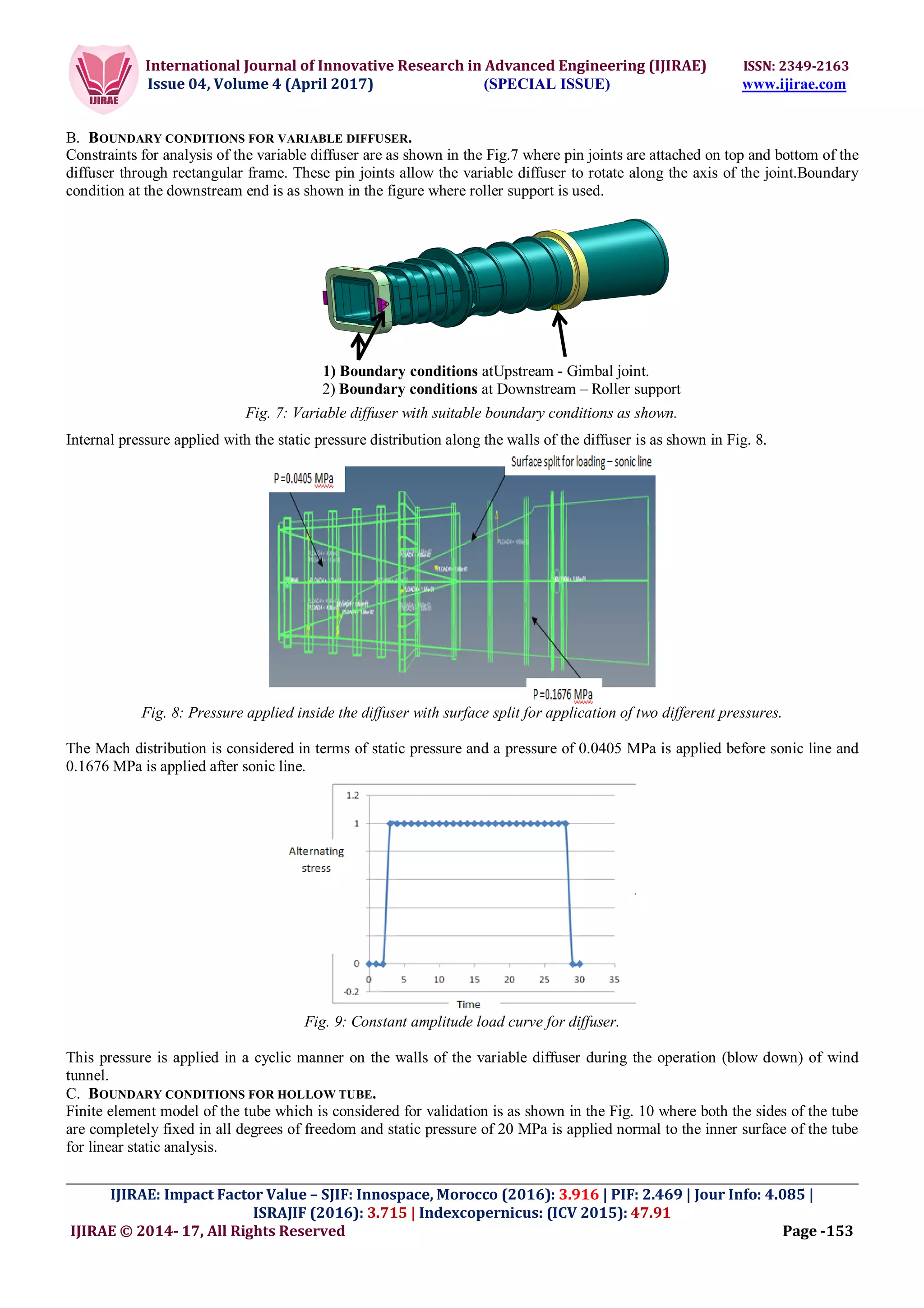 International Journal of Innovative Research in Advanced Engineering (IJIRAE) ISSN: 2349-2163
Issue 04, Volume 4 (April 2017) (SPECIAL ISSUE) www.ijirae.com
______________________________________________________________________________________________________
IJIRAE: Impact Factor Value – SJIF: Innospace, Morocco (2016): 3.916 | PIF: 2.469 | Jour Info: 4.085 |
ISRAJIF (2016): 3.715 | Indexcopernicus: (ICV 2015): 47.91
IJIRAE © 2014- 17, All Rights Reserved Page -153
B. BOUNDARY CONDITIONS FOR VARIABLE DIFFUSER.
Constraints for analysis of the variable diffuser are as shown in the Fig.7 where pin joints are attached on top and bottom of the
diffuser through rectangular frame. These pin joints allow the variable diffuser to rotate along the axis of the joint.Boundary
condition at the downstream end is as shown in the figure where roller support is used.
Fig. 7: Variable diffuser with suitable boundary conditions as shown.
Internal pressure applied with the static pressure distribution along the walls of the diffuser is as shown in Fig. 8.
Fig. 8: Pressure applied inside the diffuser with surface split for application of two different pressures.
The Mach distribution is considered in terms of static pressure and a pressure of 0.0405 MPa is applied before sonic line and
0.1676 MPa is applied after sonic line.
Fig. 9: Constant amplitude load curve for diffuser.
This pressure is applied in a cyclic manner on the walls of the variable diffuser during the operation (blow down) of wind
tunnel.
C. BOUNDARY CONDITIONS FOR HOLLOW TUBE.
Finite element model of the tube which is considered for validation is as shown in the Fig. 10 where both the sides of the tube
are completely fixed in all degrees of freedom and static pressure of 20 MPa is applied normal to the inner surface of the tube
for linear static analysis.
1) Boundary conditions atUpstream - Gimbal joint.
2) Boundary conditions at Downstream – Roller support
 