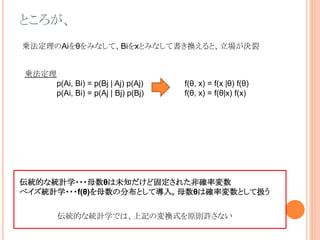 ところが、
乗法定理のAiをθをみなして、Biをxとみなして書き換えると、立場が決裂
乗法定理
p(Ai, Bi) = p(Bj | Aj) p(Aj) f(θ, x) = f(x |θ) f(θ)
p(Ai, Bi) = p(Aj | Bj) p(Bj) f(θ, x) = f(θ|x) f(x)
伝統的な統計学では、上記の変換式を原則許さない
伝統的な統計学・・・母数θは未知だけど固定された非確率変数
ベイズ統計学・・・f(θ)を母数の分布として導入。母数θは確率変数として扱う
 