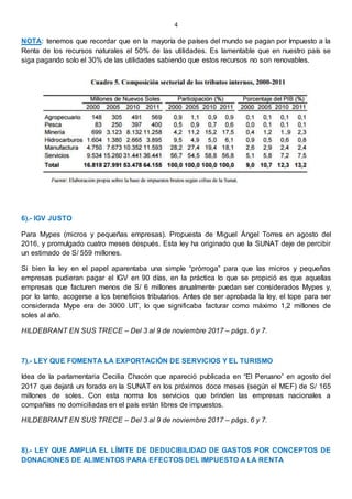 4
NOTA: tenemos que recordar que en la mayoría de países del mundo se pagan por Impuesto a la
Renta de los recursos naturales el 50% de las utilidades. Es lamentable que en nuestro país se
siga pagando solo el 30% de las utilidades sabiendo que estos recursos no son renovables.
6).- IGV JUSTO
Para Mypes (micros y pequeñas empresas). Propuesta de Miguel Ángel Torres en agosto del
2016, y promulgado cuatro meses después. Esta ley ha originado que la SUNAT deje de percibir
un estimado de S/ 559 millones.
Si bien la ley en el papel aparentaba una simple “prórroga” para que las micros y pequeñas
empresas pudieran pagar el IGV en 90 días, en la práctica lo que se propició es que aquellas
empresas que facturen menos de S/ 6 millones anualmente puedan ser considerados Mypes y,
por lo tanto, acogerse a los beneficios tributarios. Antes de ser aprobada la ley, el tope para ser
considerada Mype era de 3000 UIT, lo que significaba facturar como máximo 1,2 millones de
soles al año.
HILDEBRANT EN SUS TRECE – Del 3 al 9 de noviembre 2017 – págs. 6 y 7.
7).- LEY QUE FOMENTA LA EXPORTACIÓN DE SERVICIOS Y EL TURISMO
Idea de la parlamentaria Cecilia Chacón que apareció publicada en “El Peruano” en agosto del
2017 que dejará un forado en la SUNAT en los próximos doce meses (según el MEF) de S/ 165
millones de soles. Con esta norma los servicios que brinden las empresas nacionales a
compañías no domiciliadas en el país están libres de impuestos.
HILDEBRANT EN SUS TRECE – Del 3 al 9 de noviembre 2017 – págs. 6 y 7.
8).- LEY QUE AMPLIA EL LÍMITE DE DEDUCIBILIDAD DE GASTOS POR CONCEPTOS DE
DONACIONES DE ALIMENTOS PARA EFECTOS DEL IMPUESTO A LA RENTA
 