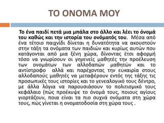 ΤΟ ΟΝΟΜΑ ΜΟΥ
Το ένα παιδί πετά μια μπάλα στο άλλο και λέει το όνομά
του καθώς και την ιστορία του ονόματός του. Μέσα από
ένα τέτοιο παιχνίδι δίνεται η δυνατότητα να ακουστούν
στην τάξη τα ονόματα των παιδιών και κυρίως αυτών που
κατάγονται από μια ξένη χώρα, δίνοντας έτσι αφορμή
τόσο να γνωρίσουν οι γηγενείς μαθητές την προέλευση
των ονομάτων των αλλοδαπών μαθητών και το
αντίστροφο αλλά και παρέχοντας την ευκαιρία στους
αλλοδαπούς μαθητές να μεταφέρουν εντός της τάξης τις
προσωπικές τους ιστορίες και το γενεαλογικό τους δέντρο,
με άλλα λόγια να παρουσιάσουν το πολιτισμικό τους
κεφάλαιο (πώς προέκυψε το όνομά τους, ποιους αγίους
γιορτάζουν, ποια είναι τα πιο συχνά ονόματα στη χώρα
τους, πώς γίνεται η ονοματοδοσία στη χώρα τους .
 