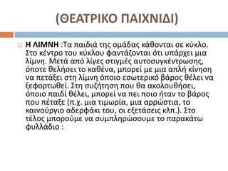 (ΘΕΑΤΡΙΚΟ ΠΑΙΧΝΙΔΙ)
 Η ΛΙΜΝΗ :Τα παιδιά της ομάδας κάθονται σε κύκλο.
Στο κέντρο του κύκλου φαντάζονται ότι υπάρχει μια
λίμνη. Μετά από λίγες στιγμές αυτοσυγκέντρωσης,
όποτε θελήσει το καθένα, μπορεί με μια απλή κίνηση
να πετάξει στη λίμνη όποιο εσωτερικό βάρος θέλει να
ξεφορτωθεί. Στη συζήτηση που θα ακολουθήσει,
όποιο παιδί θέλει, μπορεί να πει ποιο ήταν το βάρος
που πέταξε (π.χ. μια τιμωρία, μια αρρώστια, το
καινούργιο αδερφάκι του, οι εξετάσεις κλπ.). Στο
τέλος μπορούμε να συμπληρώσουμε το παρακάτω
φυλλάδιο :
 