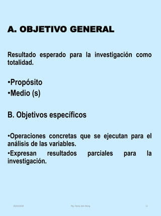 A. OBJETIVO GENERAL
Resultado esperado para la investigación como
totalidad.
•Propósito
•Medio (s)
B. Objetivos específicos
•Operaciones concretas que se ejecutan para el
análisis de las variables.
•Expresan resultados parciales para la
investigación.
Mg. Fanny Jem Wong 1130/03/2018
 