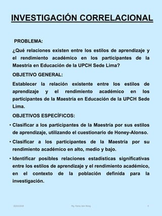 INVESTIGACIÓN CORRELACIONAL
PROBLEMA:
¿Qué relaciones existen entre los estilos de aprendizaje y
el rendimiento académico en los participantes de la
Maestría en Educación de la UPCH Sede Lima?
OBJETIVO GENERAL:
Establecer la relación existente entre los estilos de
aprendizaje y el rendimiento académico en los
participantes de la Maestría en Educación de la UPCH Sede
Lima.
OBJETIVOS ESPECÍFICOS:
• Clasificar a los participantes de la Maestría por sus estilos
de aprendizaje, utilizando el cuestionario de Honey-Alonso.
• Clasificar a los participantes de la Maestría por su
rendimiento académico en alto, medio y bajo.
• Identificar posibles relaciones estadísticas significativas
entre los estilos de aprendizaje y el rendimiento académico,
en el contexto de la población definida para la
investigación.
Mg. Fanny Jem Wong 430/03/2018
 