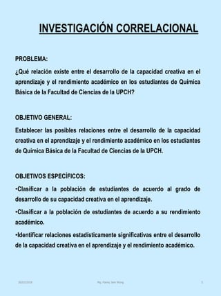 INVESTIGACIÓN CORRELACIONAL
PROBLEMA:
¿Qué relación existe entre el desarrollo de la capacidad creativa en el
aprendizaje y el rendimiento académico en los estudiantes de Química
Básica de la Facultad de Ciencias de la UPCH?
OBJETIVO GENERAL:
Establecer las posibles relaciones entre el desarrollo de la capacidad
creativa en el aprendizaje y el rendimiento académico en los estudiantes
de Química Básica de la Facultad de Ciencias de la UPCH.
OBJETIVOS ESPECÍFICOS:
•Clasificar a la población de estudiantes de acuerdo al grado de
desarrollo de su capacidad creativa en el aprendizaje.
•Clasificar a la población de estudiantes de acuerdo a su rendimiento
académico.
•Identificar relaciones estadísticamente significativas entre el desarrollo
de la capacidad creativa en el aprendizaje y el rendimiento académico.
Mg. Fanny Jem Wong 530/03/2018
 