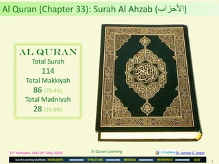 1
Surah Learning Outlines: HIGHLIGHTS STRUCTURE MESSAGE REFERENCES QUIZ
15th Ramadan, 1441 (8th May, 2020)
Al Quran
Total Surah
114
Total Makkiyah
86 (75.4%)
Total Madniyah
28 (24.6%)
Al Quran (Chapter 33): Surah Al Ahzab (‫)األحزاب‬
Dr. Jameel G. JargarAl Quran Learning
 
