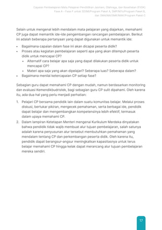 Capaian Pembelajaran Mata Pelajaran Pendidikan Jasmani, Olahraga, dan Kesehatan (PJOK)
Fase A – Fase F untuk SD/MI/Program Paket A, SMP/MTs/Program Paket B,
dan SMA/MA/SMK/MAK/Program Paket C
17
Selain untuk mengenal lebih mendalam mata pelajaran yang diajarkan, memahami
CP juga dapat memantik ide-ide pengembangan rancangan pembelajaran. Berikut
ini adalah beberapa pertanyaan yang dapat digunakan untuk memantik ide:
■ Bagaimana capaian dalam fase ini akan dicapai peserta didik?
■ Proses atau kegiatan pembelajaran seperti apa yang akan ditempuh peserta
didik untuk mencapai CP?
■ Alternatif cara belajar apa saja yang dapat dilakukan peserta didik untuk
mencapai CP?
■ Materi apa saja yang akan dipelajari? Seberapa luas? Seberapa dalam?
■ Bagaimana menilai ketercapaian CP setiap fase?
Sebagian guru dapat memahami CP dengan mudah, namun berdasarkan monitoring
dan evaluasi Kemendikbudristek, bagi sebagian guru CP sulit dipahami. Oleh karena
itu, ada dua hal yang perlu menjadi perhatian:
1. Pelajari CP bersama pendidik lain dalam suatu komunitas belajar. Melalui proses
diskusi, bertukar pikiran, mengecek pemahaman, serta berbagai ide, pendidik
dapat belajar dan mengembangkan kompetensinya lebih efektif, termasuk
dalam upaya memahami CP.
2. Dalam lampiran Ketetapan Menteri mengenai Kurikulum Merdeka dinyatakan
bahwa pendidik tidak wajib membuat alur tujuan pembelajaran, salah satunya
adalah karena penyusunan alur tersebut membutuhkan pemahaman yang
mendalam tentang CP dan perkembangan peserta didik. Oleh karena itu,
pendidik dapat berangsur-angsur meningkatkan kapasitasnya untuk terus
belajar memahami CP hingga kelak dapat merancang alur tujuan pembelajaran
mereka sendiri.
 