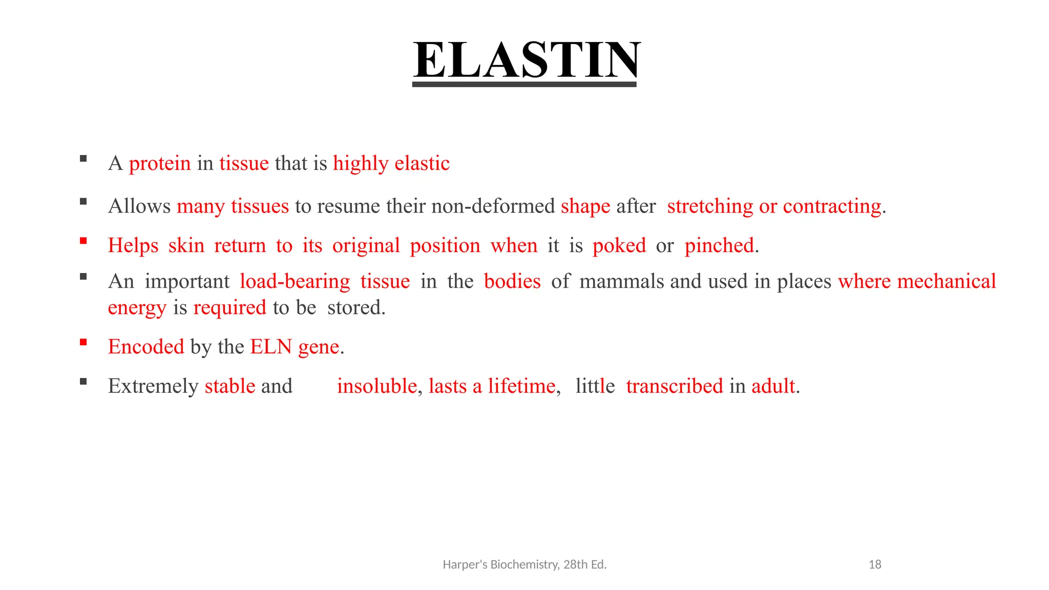 ELASTIN
 A protein in tissue that is highly elastic
 Allows many tissues to resume their non-deformed shape after stretching or contracting.
 Helps skin return to its original position when it is poked or pinched.
 An important load-bearing tissue in the bodies of mammals and used in places where mechanical
energy is required to be stored.
 Encoded by the ELN gene.
 Extremely stable and insoluble, lasts a lifetime, little transcribed in adult.
Harper's Biochemistry, 28th Ed. 18
 