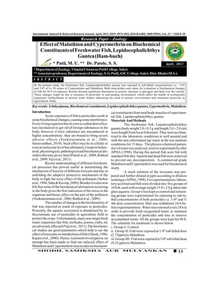 International Indexed & Referred Research Journal, April, 2012. ISSN- 0974-2832, RNI-RAJBIL 2009/29954; VoL. IV * ISSUE-39
                                        Research Paper - Zoology
      Effect of Malathion and Cypermethrin on Biochemical
      Constituents of Freshwater Fish, Lepidocephalichthys
                       Guntea (Ham-buch)
                * Patil, M. U. ** Dr. Patole, S. S.                                                              April , 2012
 * Department of Zoology, Vimalai Uttamrao Patil College, Sakri.
 ** Associate professor, Department of Zoology, S. G. Patil, ASC College, Sakri. Dist- Dhule (M.S.).
A B S T R A C T
 In the present study, the freshwater fish, Lepidocephalichthys guntea was exposed to sub-lethal concentrations i.e. 1/4 th
 and 3/4th of Lc 50 values of Cypermethrin and Malathion. Both insecticides were taken for evaluation of biochemical changes
 in fish for 96 h of exposure. Results showed significant fluctuation in protein, decrease in glycogen and lipid over the control.
 These changes might be due to presence of pesticides in surrounding environment, which affect the health of ecologically
 important ichthyofauna in natural water bodies indicating the need to protect environment and minimize pesticide in
 agricultural fields.
Key words: Ichthyofauna, Biochemical constituents, Lepidocephalichthys guntea, Cypermethrin, Malathion.
Introduction                                                      cal constituents from total body muscles of experimen-
           Acute exposures of fish to pesticides result in        tal fish, Lepidocephalichthys guntea.
some biochemical changes, causing some interference.              Materials And Methods
Every living organism has its own so called detoxifica-                     The freshwater fish, Lepidocephalichthys
tion mechanism to get rid of foreign substances in the            guntea (body weight 2.0 ± 0.5 g and length 5.0 ± 2.0 cm)
body, however if toxic substance are encountered in               were bought from local fishermen. They were acclima-
higher concentration, they are bound to bring severe              tized to the laboratory conditions in well aerated and
adverse effects (Venkataramana et al., 2006;                      with the non-chlorinated tap water at the test medium
Satyavardhan, 2010). Such effect may be at cellular or            conditions for 15 days. The physico-chemical param-
even at molecular level but ultimately it leads to behav-         eter of water was analyzed prior to experiment by after
ioral, physiological, pathological and biochemical dis-           APHA (1998). During this period fish were fed with
orders that may prove fatal (Patole et al., 2008; Rathod          standard fish diet. Injured and dead fish were removed
et al., 2009; Yaji et al., 2011).                                 to prevent any decomposition. A commercial grade
           Recent understanding of different biochemi-            Malathion and Cypermethrin was used for biochemical
cal processes has proved useful in determining the                study.
mechanism of toxicity of different toxicant and also in                     A stock solution of the toxicants was pre-
unfolding the adaptive protective mechanism of the                pared and further diluted in ppm according to dilution
body to fight the toxic effect of the pollutants (Sarkar          technique (APHA, 1998). For experimentation, labora-
et al., 1996; Saha & Kaviraj, 2009). Besides it is also now       tory acclimatized fish were divided into five groups of
felt that some of the biochemical alternation occurring           10 fish, each with average weight 15.0 ± 2.0 g taken into
in the body gives the first indication of the stress in the       glass aquaria. Group-I was kept as control and remain-
organism and hence effect on the part of the pollution            ing groups were experimental for exposing to sub-le-
(Venkataramana et al., 2006; Rathod et al., 2009).                thal concentrations of both pesticides i.e. 1/4th and 3/
           The number of changes in the biochemistry of           4th dose concentration. Diet was withdrawn 24 h be-
fish was reported as result of exposure to pesticides.            fore experimentation. Water was renewed every 24 h in
Presently, the aquatic ecosystem is abandoned by in-              order to provide fresh oxygenated water, to maintain
discriminate use of pesticides in agriculture field to            the concentration of pesticides and also to remove
protect the crops. Unfortunately, many non-target fresh           accumulated waste. All the groups were kept for 96 h.
water organisms like fish, mollusks, prawn, crabs, etc            The schedule for treatment is shown below.
are adversely affected (Yaji et al., 2011). The biochemi-         i. Group-I: Control.
cal studies are good parameters which help to see the             ii. Group-II: Fish were exposed at 1/4th sub lethal dose
effect of toxicants on metabolism of fish (Ghosh, 1986;           (2.75ppm) to Malathion.
Kajare et al., 2000). Hence, in present investigation, an         iii. Group-III: Fish were exposed at 3/4th sub lethal dose
attempt has been made to find out induced effect of               (8.25 ppm) to Malathion.
Malathion and Cypermethrin insecticides on biochemi-
    SHODH, SAMIKSHA                                          AUR            MULYANKAN                                       33
 