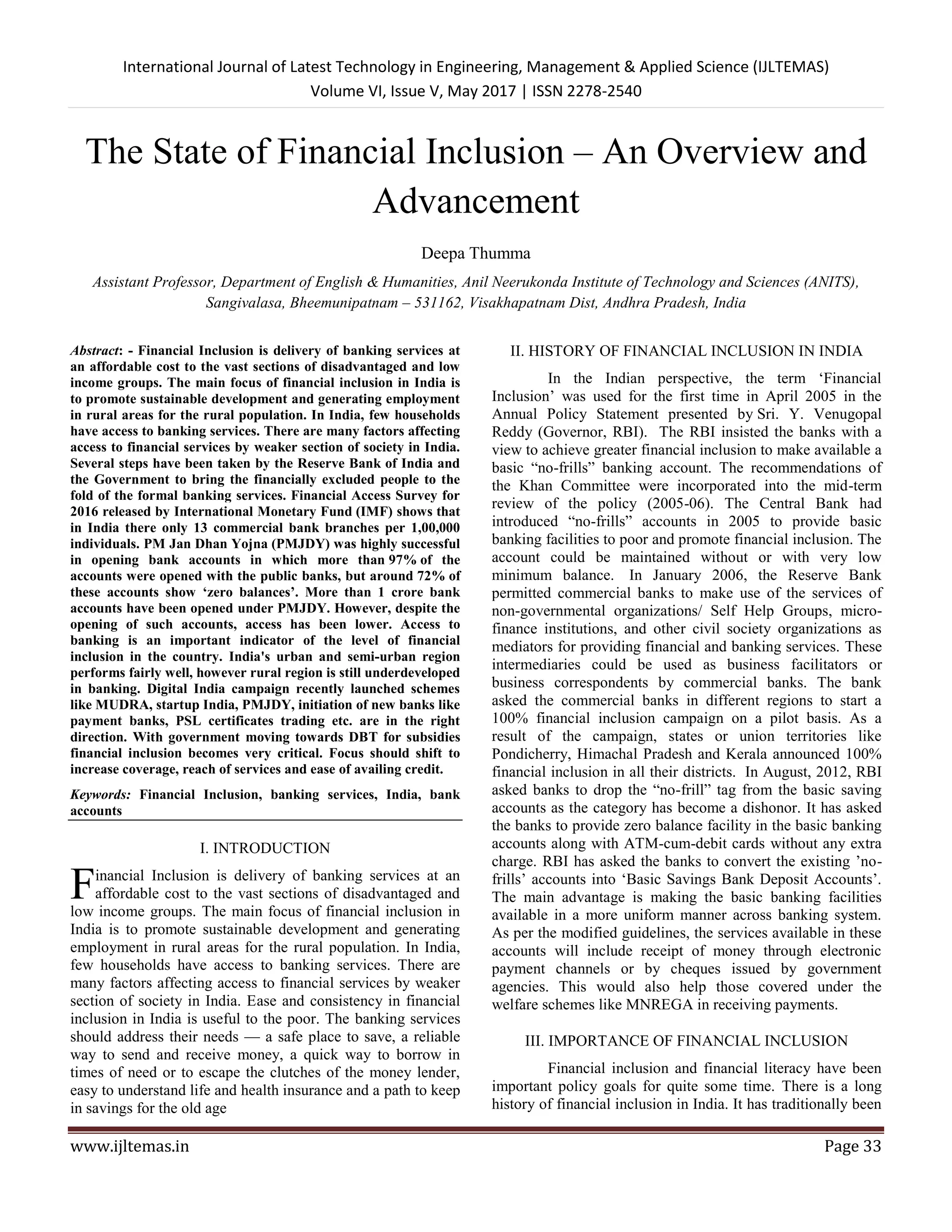 The State of Financial Inclusion – An Overview and Advancement | PDF