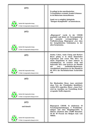 1973
             Es gelingt in den amerikanischen
             Versuchslabors erstmals, fremde Erbmasse
             in ein Bakterium einzuschleusen.

             Somit war es möglich, biologische
             "Designer-Kampfstoffe" zu konstruieren.




  1973
             „Biopreparat“ wurde in der UDSSR
             gegründet und diente als Tarnorganisation
             der     nunmehr    vertragswidrigen    B-
             Waffenforschung. Biopreparat „war eines
             der bestgehütetsten Geheimnisse in der
             alten Sowjetunion.




  1973       Stanley Cohen, Annie Chang und Herbert
             Boyer gelang es in einem historischen
             Experiment zum ersten Mal, DNA von
             einem Organismus in einen anderen zu
             rekombinieren: sie vereinen virale und
             bakterielle DNA und kreieren ein Plasmid
             mit       zwei     Antibiotika-Resistenzen.
             Anschließend integrieren sie das Plasmid in
             die DNA des Darmbakteriums Escherichia
             coli.


  1973
             Der Biochemiker Bruce Ames entwickelt
             einen Test, der Chemikalien identifiziert,
             welche DNA angreifen. Dieser „Ames-Test“
             wird im Anschluss zur Feststellung Krebs
             erregender Stoffe eingesetzt.




  1973
und danach   Biopreparat UDSSR. In mindestens 18
             Forschungseinrichtungen, 6 Produktions-
             anlagen und einer Hauptlagerstätte in
             Sibirien arbeiteten über 25.000 Menschen.
             30 bis 40 Prozent des Budgets kam vom
             Militär.
 