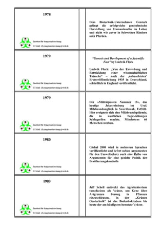 1978
       Dem Biotechnik-Unternehmen Gentech
       gelingt die erfolgreiche gentechnische
       Herstellung von Humaninsulin im Labor
       und nicht wie zuvor in Schweinen Rindern
       oder Pferden.




1979
         “Genesis and Development of a Scientific
                 Fact” by Ludwik Fleck

       Ludwik Fleck: „Von der Entstehung und
       Entwicklung       einer   wissenschaftlichen
       Tatsache“ – nach der ‚unbeachteten’
       Erstveröffentlichung 1935 in Deutschland,
       schließlich in England veröffentlicht.



1979
       Der »Militärposten Nummer 19«, das
       heutige     Jekaterinburg      im      Ural.
       Milzbrandunglück in Swerdlowsk, UdSSR.
       Hier ereignete sich eine Milzbrandepidemie,
       die     in    westlichen     Tageszeitungen
       Schlagzeilen machte. Mindestens 66
       Menschen sterben.




1980
       Global 2000 wird in mehreren Sprachen
       veröffentlicht und liefert neben Argumenten
       für den Umweltschutz auch eine Reihe von
       Argumenten für eine gezielte Politik der
       Bevölkerungskontrolle




1980
       Jeff Schell entdeckt das Agrobakterium
       tumefaciens als Vektor, um Gene über
       Artgrenzen      hinweg     in     Pflanzen
       einzuschleusen.    In     der     „Grünen
       Gentechnik“ ist das Bodenbakterium bis
       heute der am häufigsten benutzte Vektor.
 