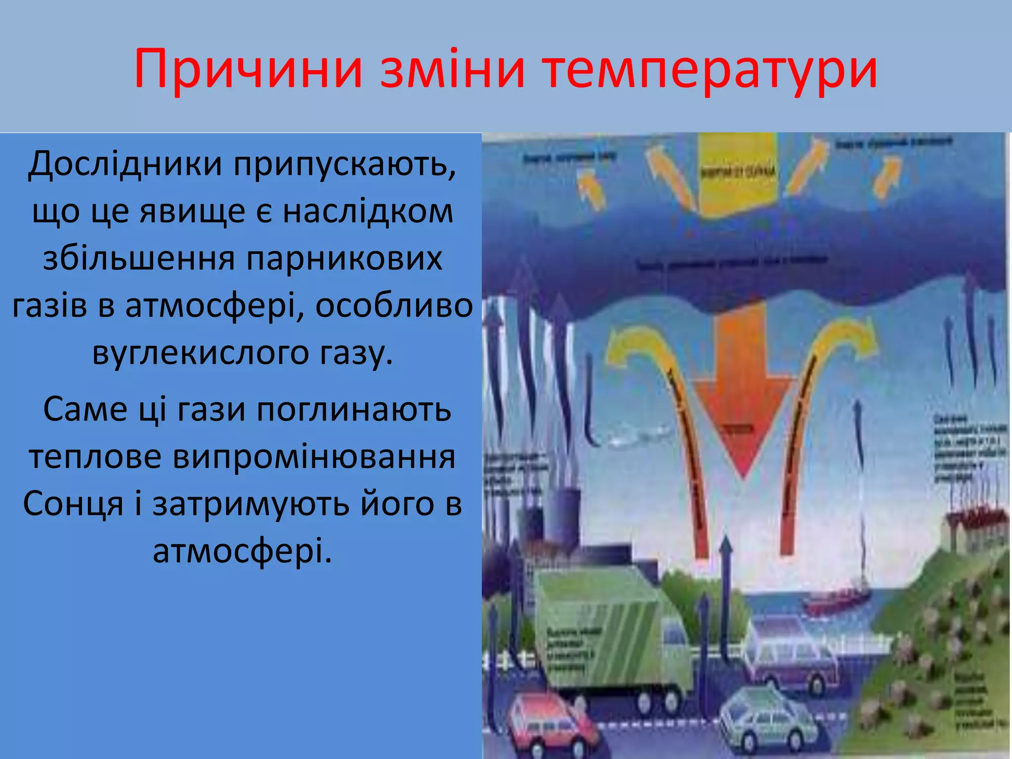 Причини зміни температури
Дослідники припускають,
що це явище є наслідком
збільшення парникових
газів в атмосфері, особливо
вуглекислого газу.
Саме ці гази поглинають
теплове випромінювання
Сонця і затримують його в
атмосфері.
 