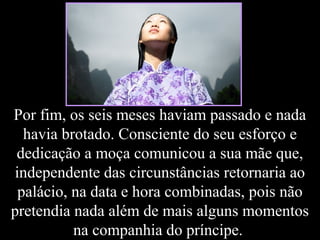Por fim, os seis meses haviam passado e nada
havia brotado. Consciente do seu esforço e
dedicação a moça comunicou a sua mãe que,
independente das circunstâncias retornaria ao
palácio, na data e hora combinadas, pois não
pretendia nada além de mais alguns momentos
na companhia do príncipe.
 