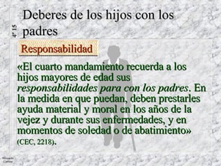 Deberes de los hijos con los padres Responsabilidad «El cuarto mandamiento recuerda a los hijos mayores de edad sus  responsabilidades para con los padres . En la medida en que puedan, deben prestarles ayuda material y moral en los años de la vejez y durante sus enfermedades, y en momentos de soledad o de abatimiento»  (CEC, 2218) . 