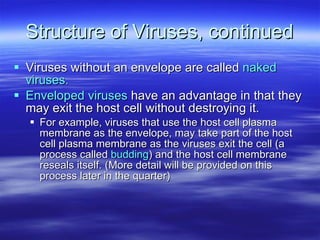 Structure of Viruses, continued Viruses without an envelope are called  naked viruses.  Enveloped viruses  have an advantage in that they may exit the host cell without destroying it.  For example, viruses that use the host cell plasma membrane as the envelope, may take part of the host cell plasma membrane as the viruses exit the cell (a process called  budding ) and the host cell membrane reseals itself. (More detail will be provided on this process later in the quarter) 