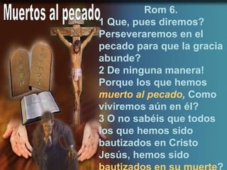 Muertos al pecado Rom 6. 1 Que, pues diremos? Perseveraremos en el pecado para que la gracia abunde? 2 De ninguna manera! Porque los que hemos  muerto al pecado ,  Como viviremos aún en él? 3 O no sabéis que todos los que hemos sido bautizados en Cristo Jesús, hemos sido  bautizados en su muerte ?  