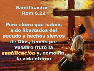 Santificación  Rom 6.22 Pero ahora que habéis sido libertados del pecado y hechos siervos de Dios, tenéis por vuestro fruto la  santificación  y, como fin, la vida eterna 