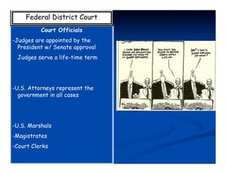 Federal District Court
          Court Officials
-Judges are appointed by the
  President w/ Senate approval
 Judges serve a life-time term




-U.S. Attorneys represent the
  government in all cases




-U.S. Marshals
-Magistrates
-Court Clerks
 