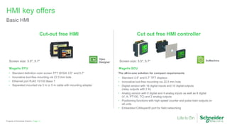 HMI key offers
Basic HMI
Page 11Property of Schneider Electric |
Cut out free HMI controllerCut-out free HMI
Vijeo
DesignerScreen size: 3.5", 5.7" Screen size: 3.5", 5.7" SoMachine
Magelis STU
• Standard definition color screen TFT QVGA 3.5’’ and 5.7”
• Innovative tool-free mounting via 22.5 mm hole
• Ethernet port RJ45 10/100 Base T
• Separated mounted via 3 m or 5 m cable with mounting adapter
Magelis SCU
The all-in-one solution for compact requirements
• Standard 3.5” and 5.7” TFT displays
• Innovative tool-free mounting via 22.5 mm hole
• Digital version with 16 digital inputs and 10 digital outputs
(relay outputs with 2 A)
• Analog version with 8 digital and 4 analog inputs as well as 8 digital
(V, A, PT100, TC) and 2 analog outputs
• Positioning functions with high speed counter and pulse train outputs on
all units
• Embedded CANopen® port for field networking
 