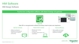 Vijeo XD
Vijeo XD is a new-generation software providing a best-in-class user experience
HMI Software
HMI Design Software
Page 13Property of Schneider Electric |
• Ability to go beyond
limitations of the physical
screen size to improve
productivity
Operate intuitively
• Efficient and intuitive
engineering
• For faster customization and
modification
Reduce time to market
• High usability and image
quality for the operator
(experience Design)
Improve efficiency
Touchscreen configuration software, with latest UI design and gestures
 